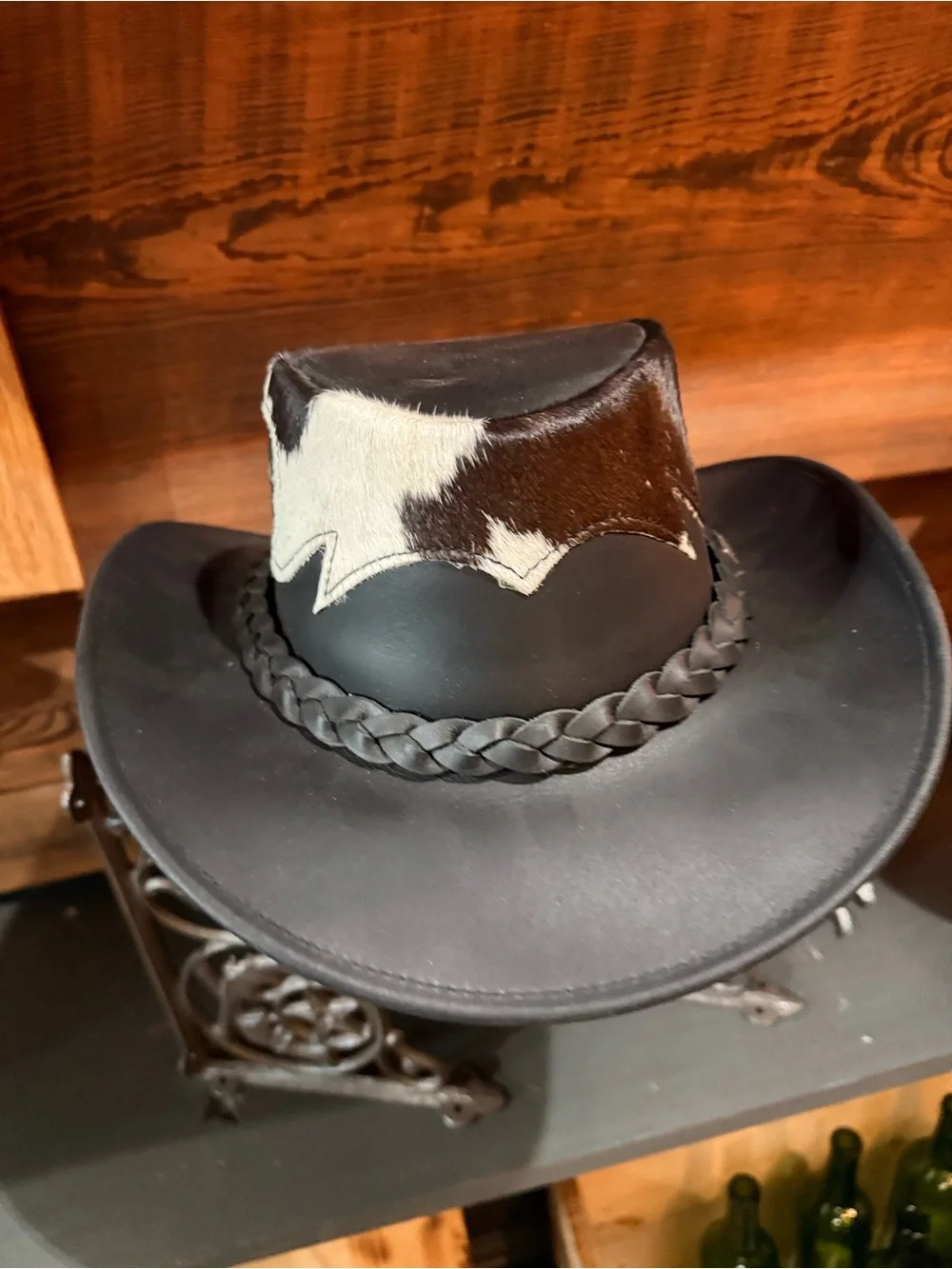 Medium & Black Leather Western Hat with Brown and Cream Hair-On Hide Trim